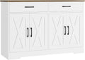 HOSTACK Buffet Cabinet with Storage, 47.2' Kitchen Sideboard Buffet with Drawers, Modern Farmhouse Coffee Bar Station with Shelves, Barn Doors Storage Cabinet for Living Room, White/Rustic Brown