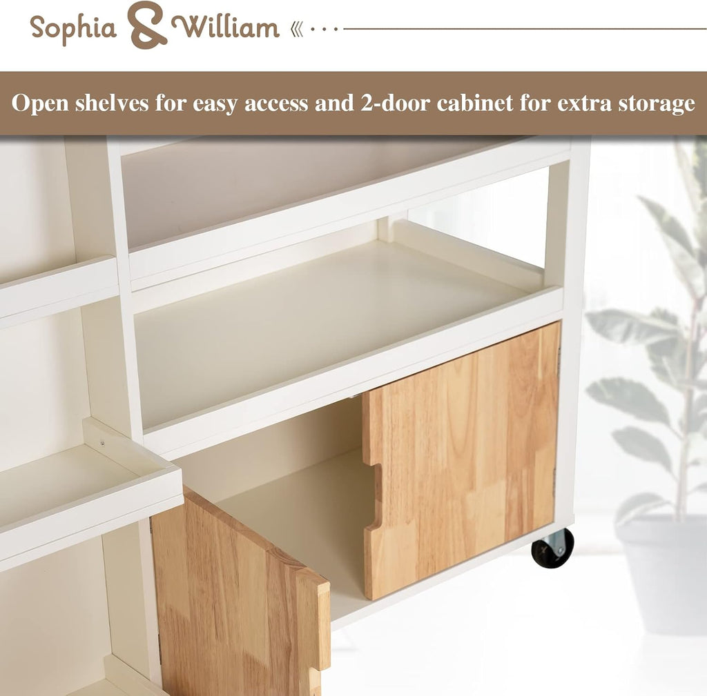 Sophia & William Kitchen Island Cart on Wheels, Rolling Kitchen Trolley with Rubber Wood Tabletop, Storage Drawers, Cabinet and Open Shelves