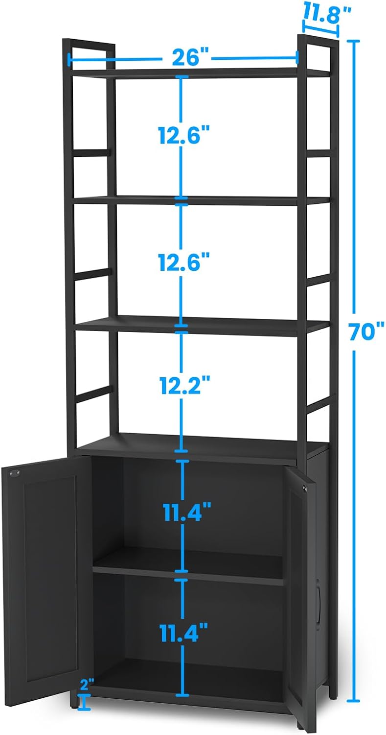 Lazyvan Black Bookshelf with Doors,70' Tall Bookcase with Storage Cabinet,6 Tier Book Shelf for Living Room/Bedroom/Office/Kitchen,70'(H)*26'(L)*11.8'(W)