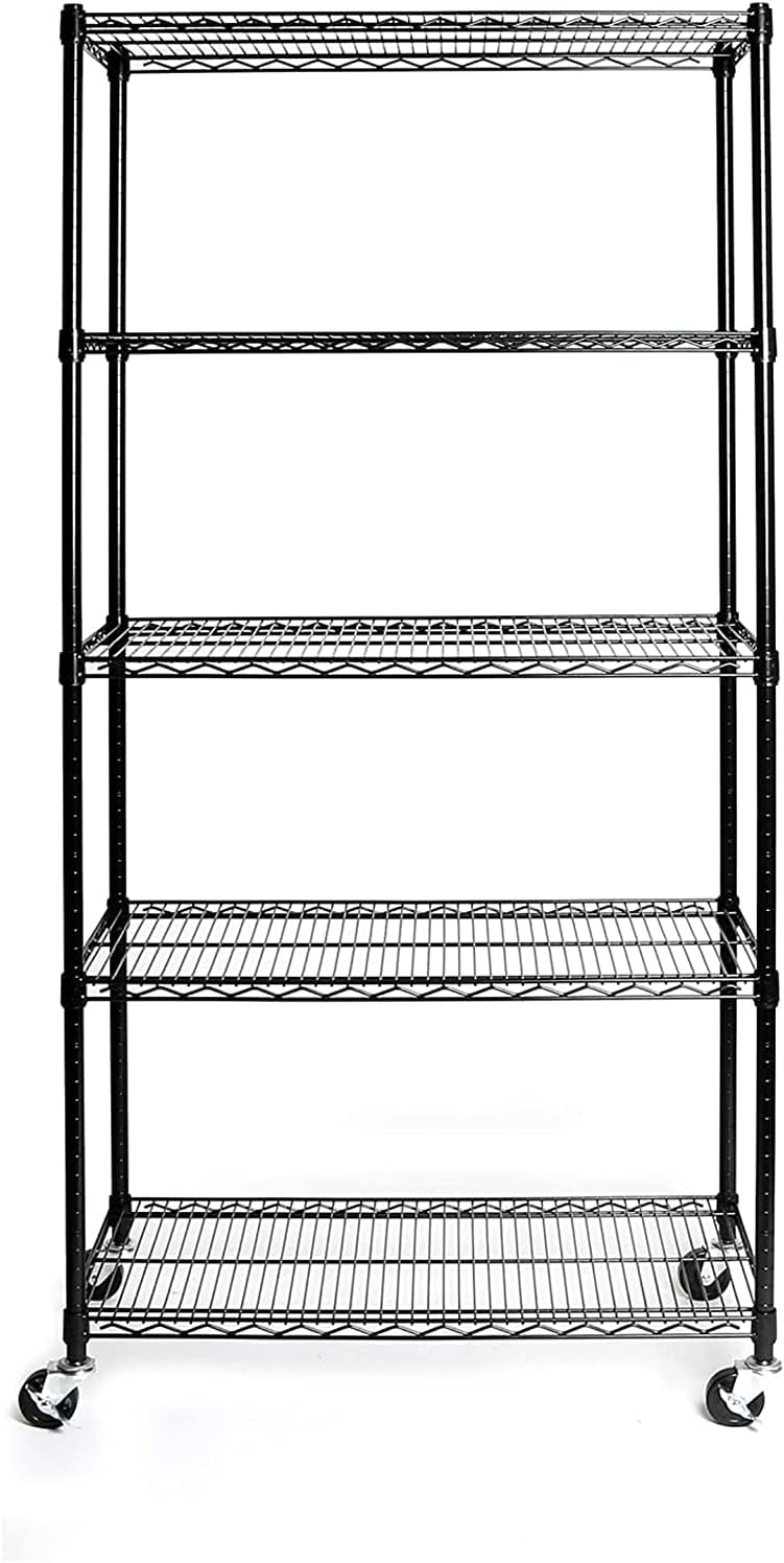 Black Storage Shelves, Heavy Duty Steel Wire Shelving Unit with Wheels,Adjustable Shelf, Used as Pantry Shelf, Garage or Bakers Rack Kitchen Shelving,Rolling Storage Rack, Corner Rack 90 x 45 x 180CM