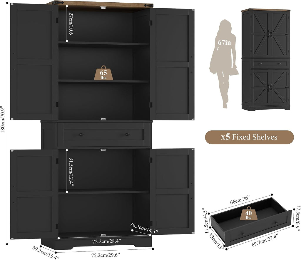 HOSTACK 71' Tall Pantry Cabinet, Farmhouse Kitchen Pantry with Storage Shelves, Barn Doors Food Storage Cabinet, Freestanding Kitchen Hutch with Large Drawer for Dining Room, Living Room, Black