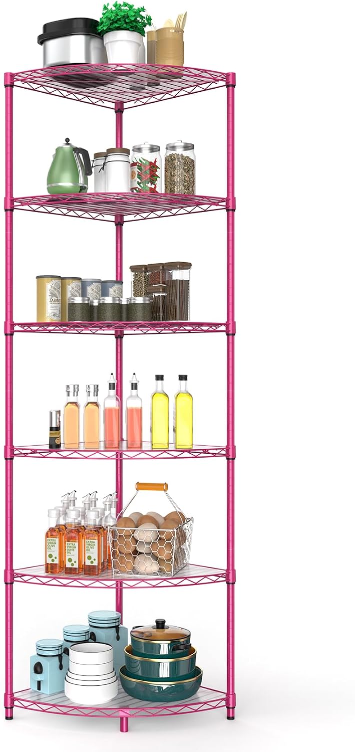 6 Tier NSF Corner Wire Shelf Shelving Unit, 18 x 18 x 72 Inch 420lbs Capacity Heavy Duty Adjustable Metal Storage Rack with Leveling Feet & Shelf Liners for Office Kitchen Bathroom and More - Pink