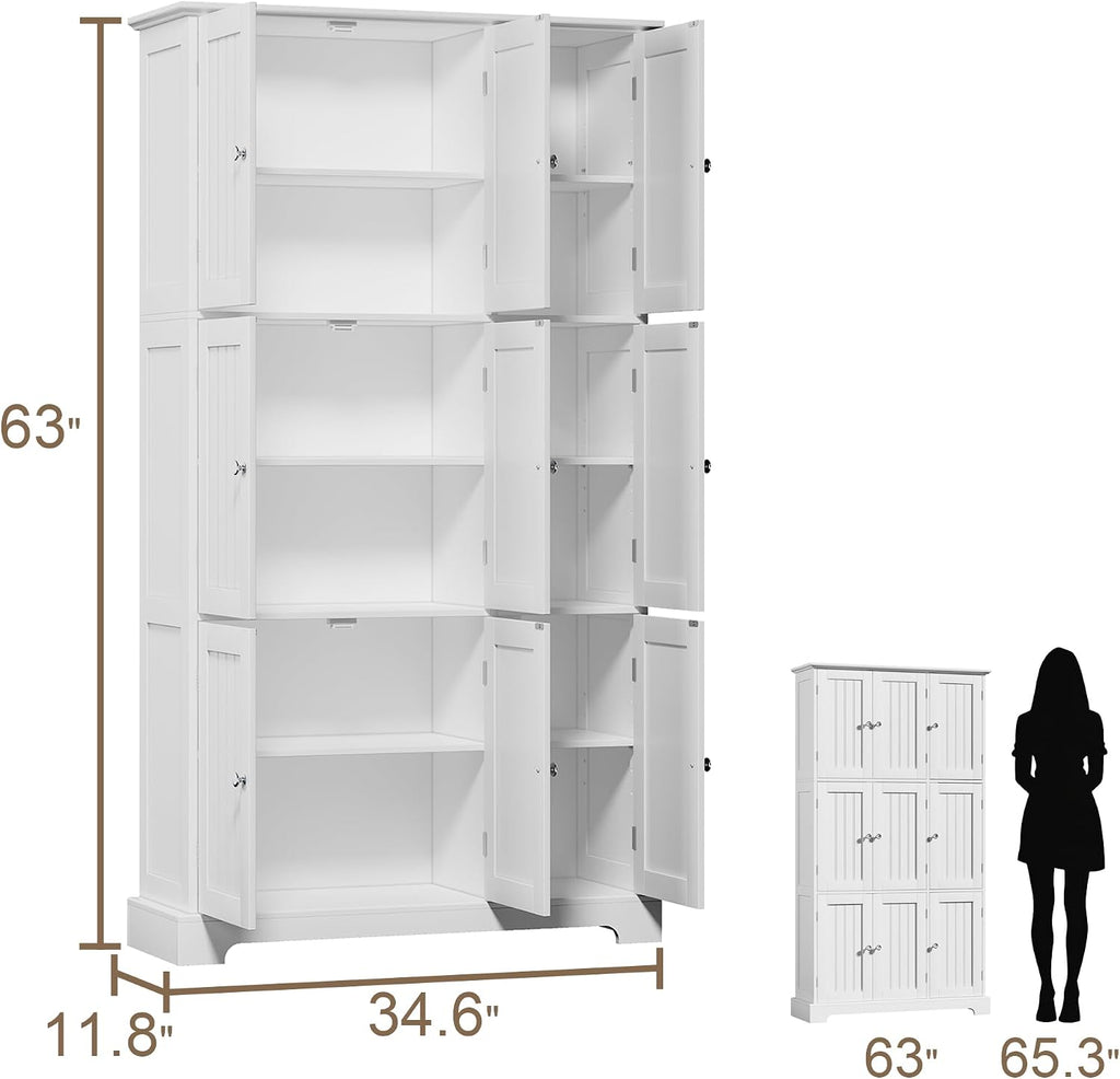 ChooChoo Bathroom Storage Cabinet with 9 Doors, Narrow Floor Cabinet with Adjustable Shelves, White Slim Pantry Cabinet for Kitchen, Bathroom, Laundry Room, Living Room