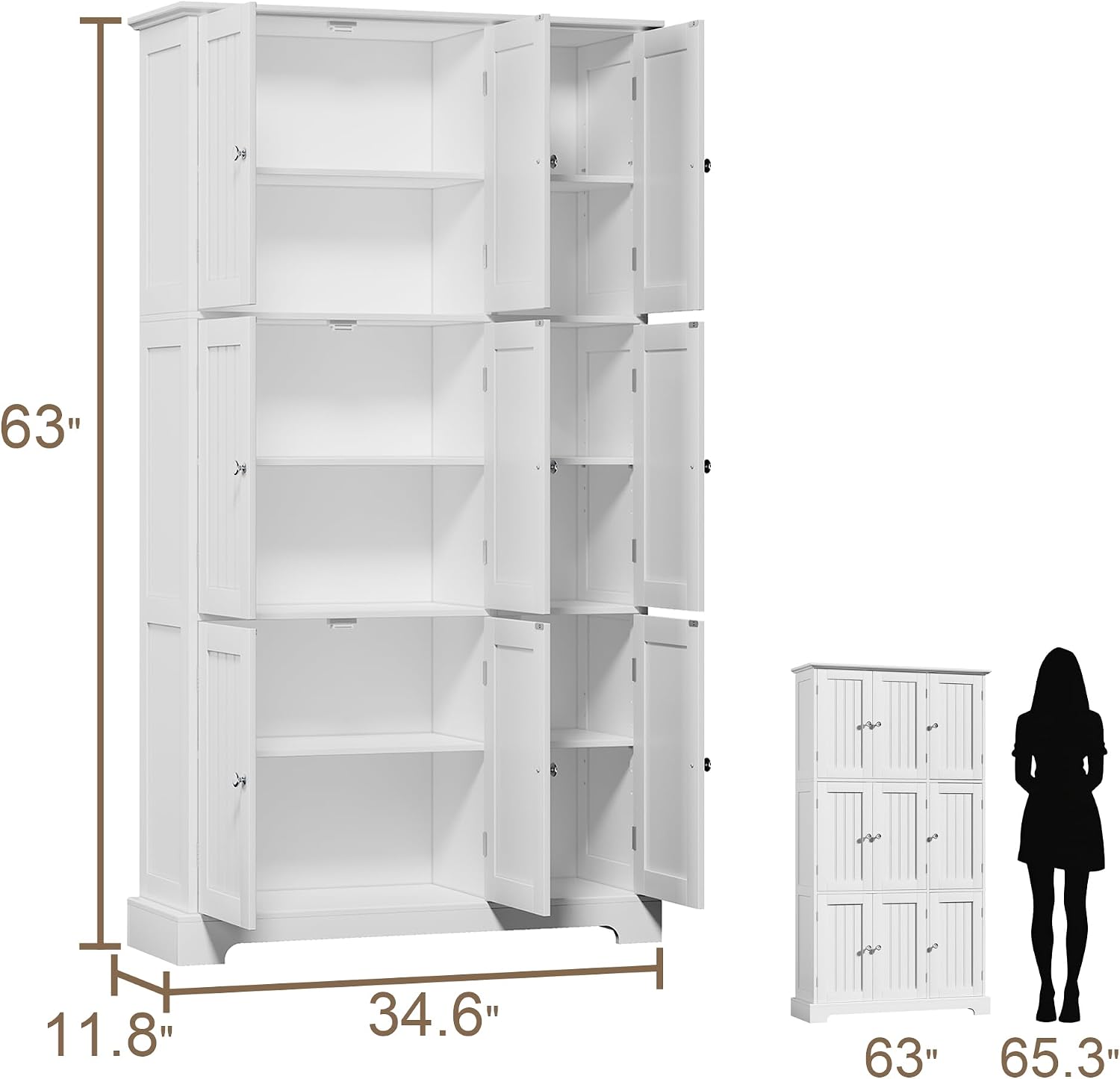 ChooChoo Bathroom Storage Cabinet with 9 Doors, Narrow Floor Cabinet with Adjustable Shelves, White Slim Pantry Cabinet for Kitchen, Bathroom, Laundry Room, Living Room
