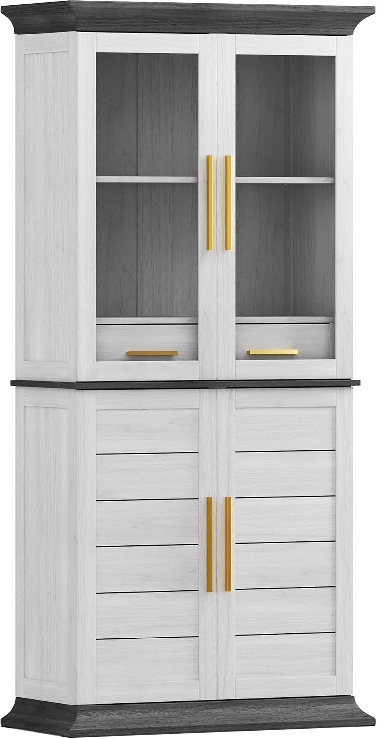 BELLEZE 72' High Storage Cabinet with Adjustable Shelves and Drawers, Freestanding Cabinet with Ample Storage Space for Kitchen, Dining & Living Room - White