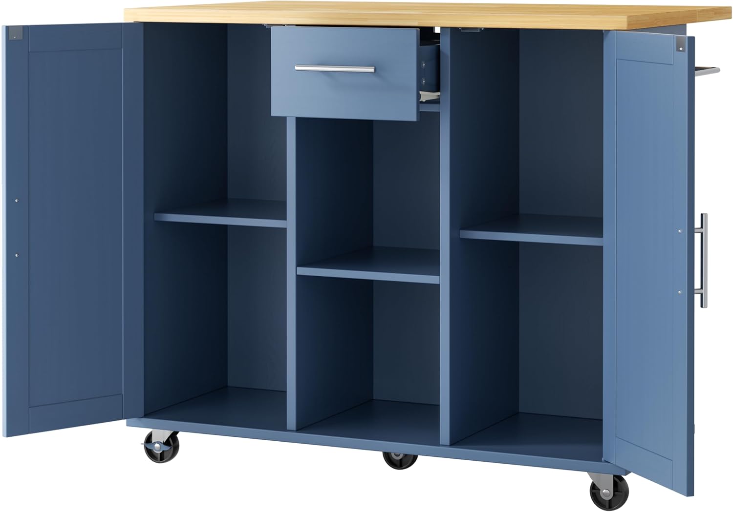 JY QAQA 42' Kitchen Island with Storage on Wheels, Rolling Table with Drop Leaf, Drawers, Cart Handle for Towel Rack or Free Movement, Blue