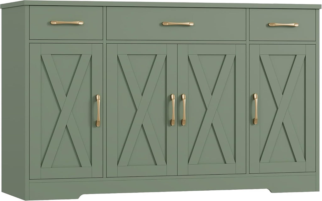 HOSTACK Buffet Sideboard Cabinet with Drawers, 55' Large Buffet Storage Cabinet with Shelves and Doors, Modern Farmhouse Coffee Bar Station for Kitchen, Dining Room, Green