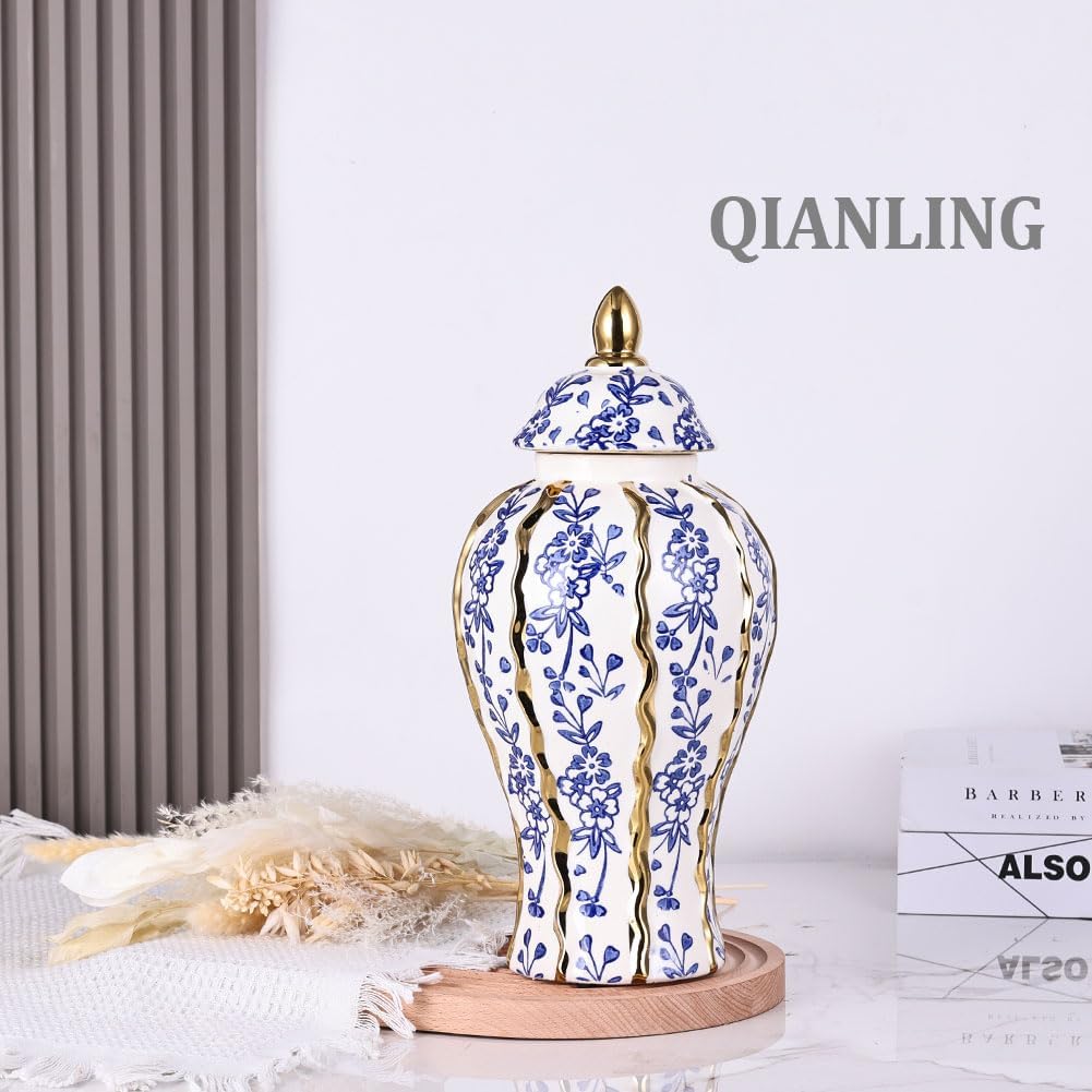 18.1in White and Gold Blue Luxury Ceramic Ginger Jar with Lid - Modern Geometry Decorative Vase for Home Decor, Living Room, Kitchen, Dining Table, Cabinet Decor, Storage