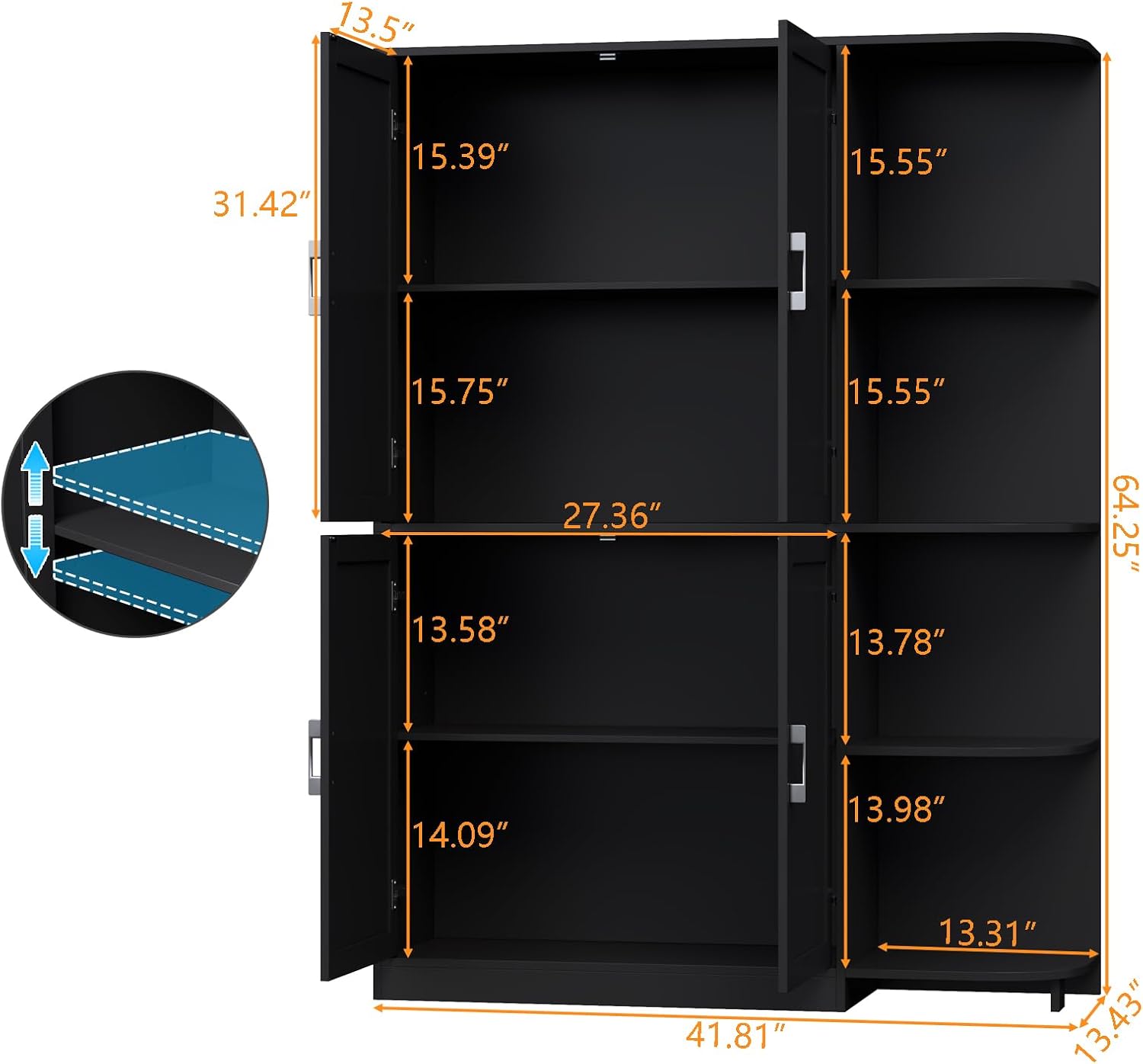 Loomie Kitchen Pantry Storage Cabinet, 64' Tall Freestanding Cupboard with Doors & Adjustable Shelves, Food Pantry Cabinet with 5-Tier External Shelf for Dining Room (Black)