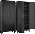 pozdeg 75' Tall Metal Kitchen Pantry Storage Cabinet with 2 Doors and 5 Adjustable Shelves, White Food Freestanding Cupboard for Kitchen, Dining Room, Bathroom and Garage (Black)