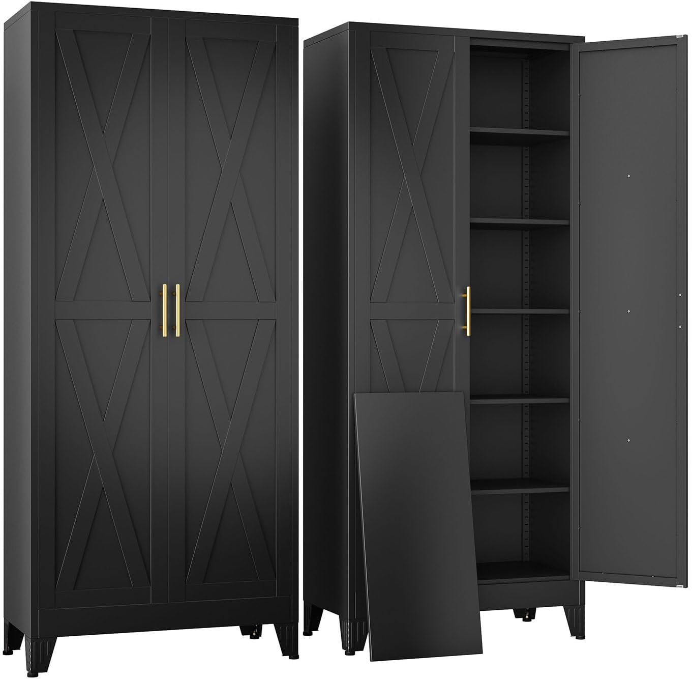 pozdeg 75' Tall Metal Kitchen Pantry Storage Cabinet with 2 Doors and 5 Adjustable Shelves, White Food Freestanding Cupboard for Kitchen, Dining Room, Bathroom and Garage (Black)