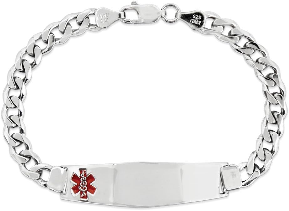 Solid 925 Sterling Silver Enamel Engravable Identification Name Bar Tag RN Registered Nurse Caduceus Symbol Medical ID Curb Cuban Link Emergency Alert Bracelet - with Secure Lobster Lock Clasp 7'