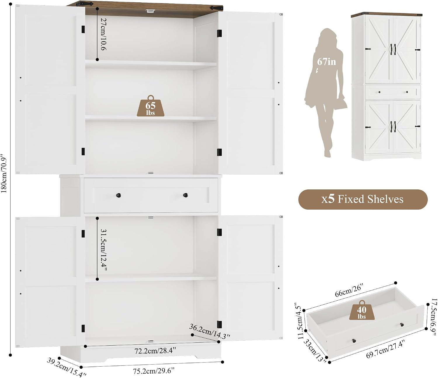HOSTACK 71' Tall Pantry Cabinet, Farmhouse Kitchen Pantry with Storage Shelves, Barn Doors Food Storage Cabinet, Freestanding Kitchen Hutch with Large Drawer for Living Room, White + Rustic Brown