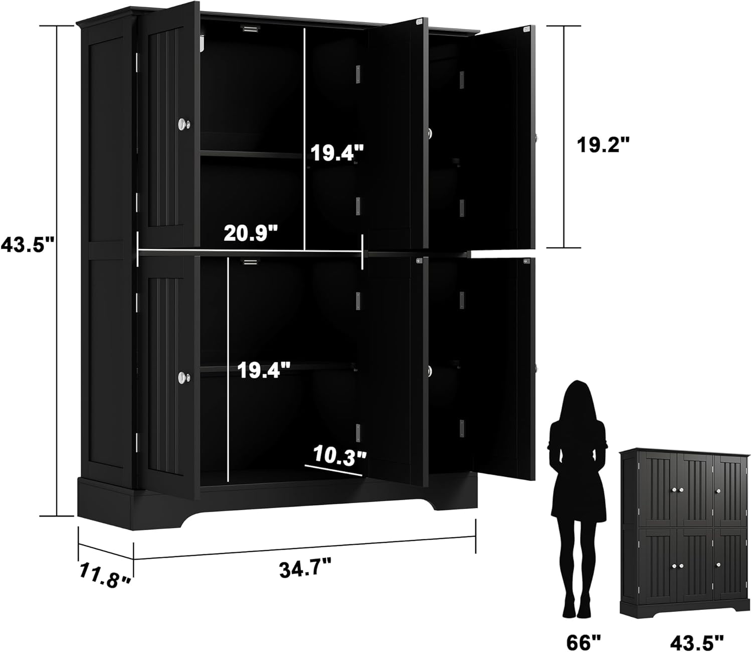 ChooChoo Bathroom Floor Cabinet, Modern Bathroom Storage Cabinet with 6 Doors and Adjustable Shelves, Freestanding Cupboard for Living Room, Black