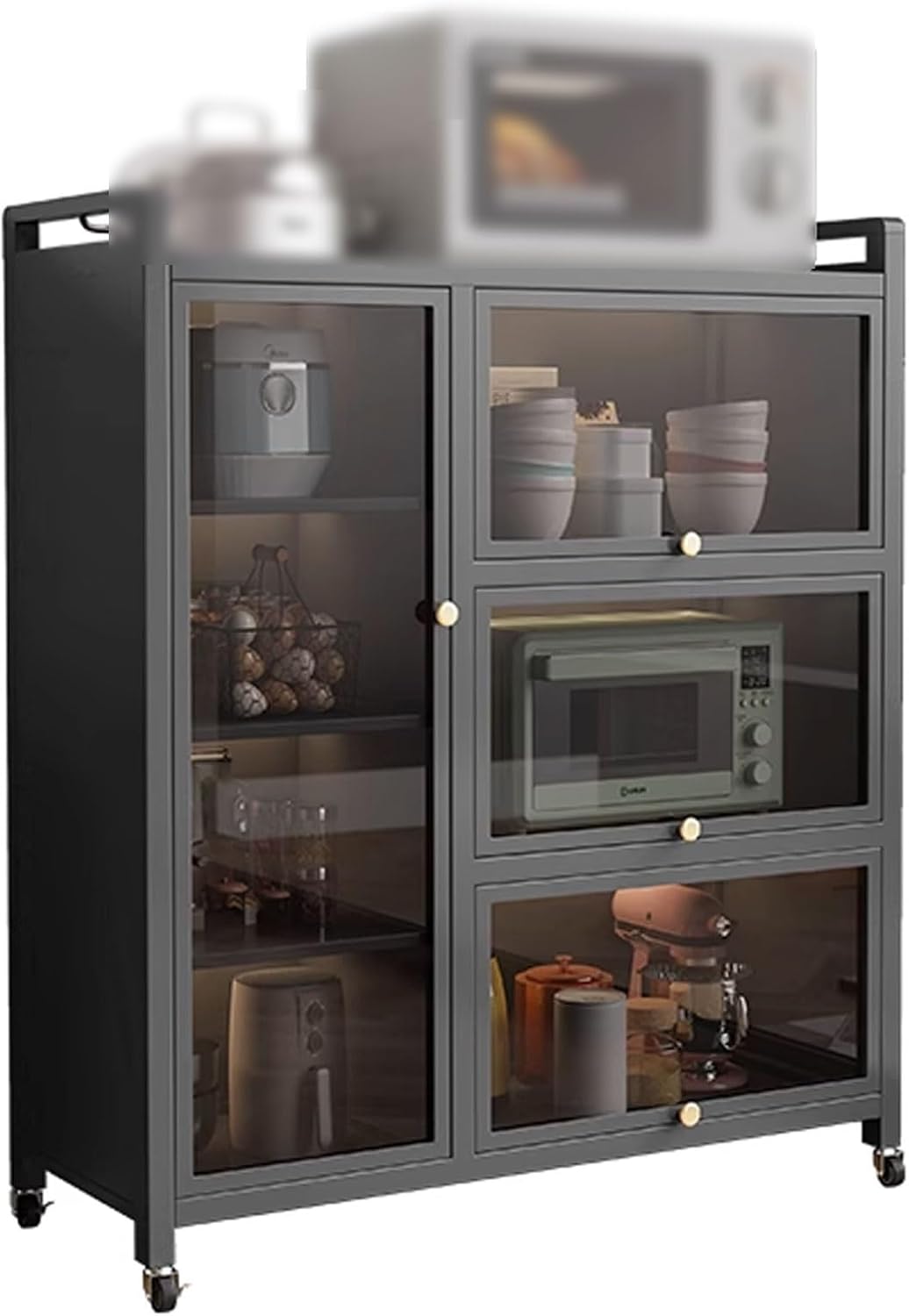 Bakers Rack with Storage Cabinet Doors Microwave Stand with Storage Cabinet Adjustable Layer Distance with of Brakeable Casters, for Utensils, Pots, Pans, Spices(Gray,100 * 40 * 107CM)