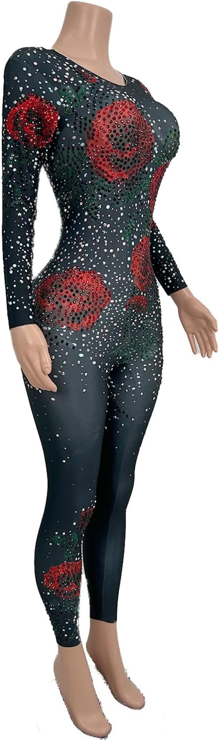 Women Nightclub Diamond Slim Fit Jumpsuits Romantic Rose Pattern Rompers Birthday Party Singer Dancer Stage Clothes