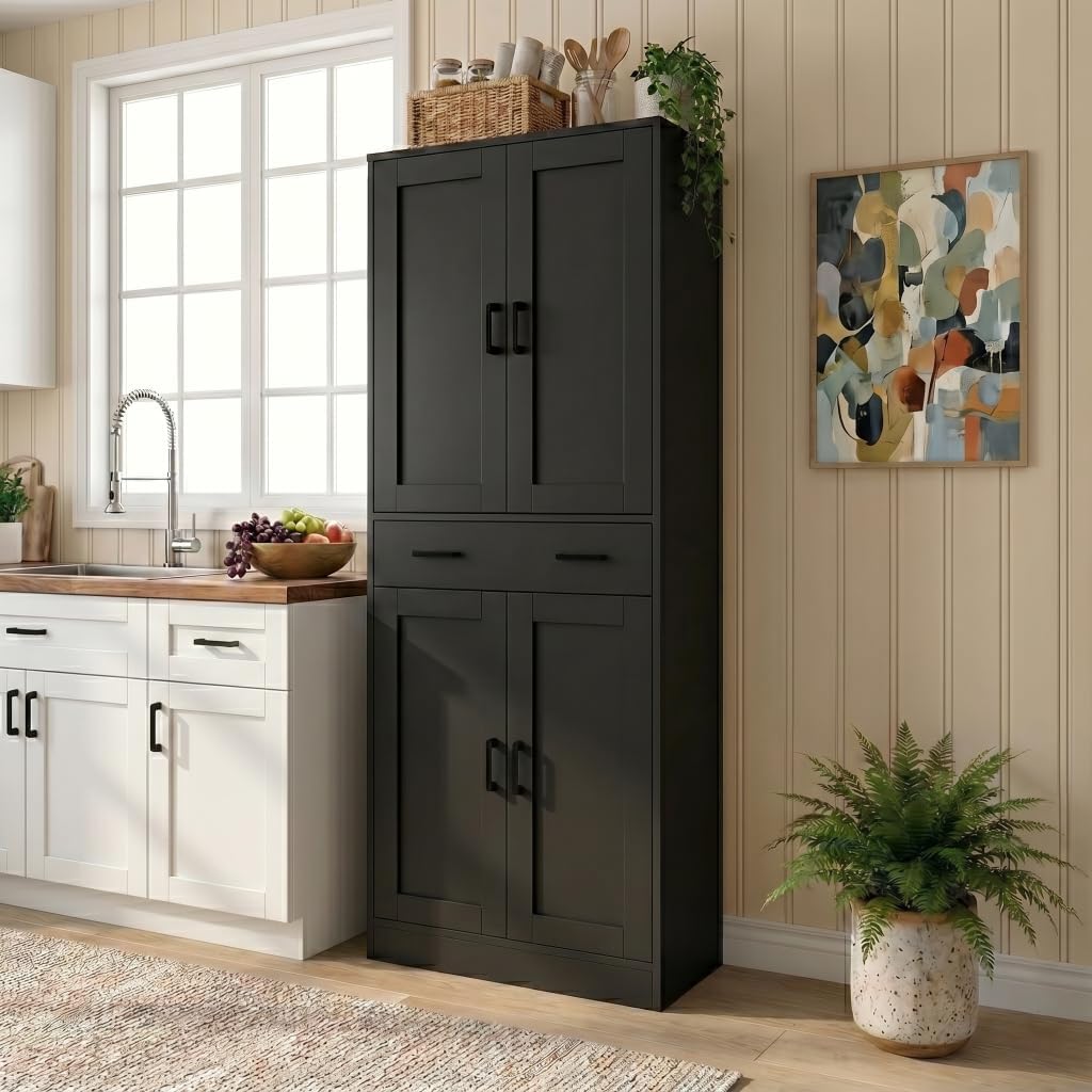 DIYART 71' Tall Kitchen Pantry Cabinet, Freestanding Food Storage Cupboard with Drawer and 4 Doors, Large Black Utility Floor Cabinet with Adjustable Shelves for Dining Room, Breakroom, Home Office