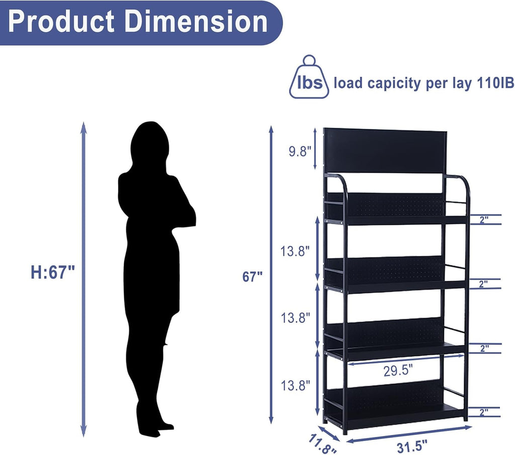 4-Tier Retail Display Racks, Metal Display Shelving, Heavy-Duty Standing Shelves for Supermarkets, Garages, Stores, Warehouses, Home & Kitchen, 31.4' W x 67' H