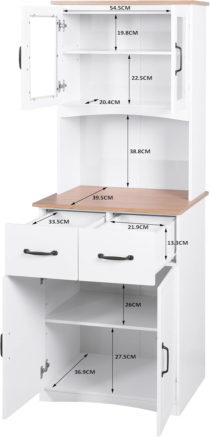 Kitchen Buffet with Hutch, Freestanding Pantry Cabinet Kitchen Cupboard Bar Cabinet with 4 Doors, 2 Drawers & Open Shelf, 2 Storage Cabinets with Adjustable Shelves, White