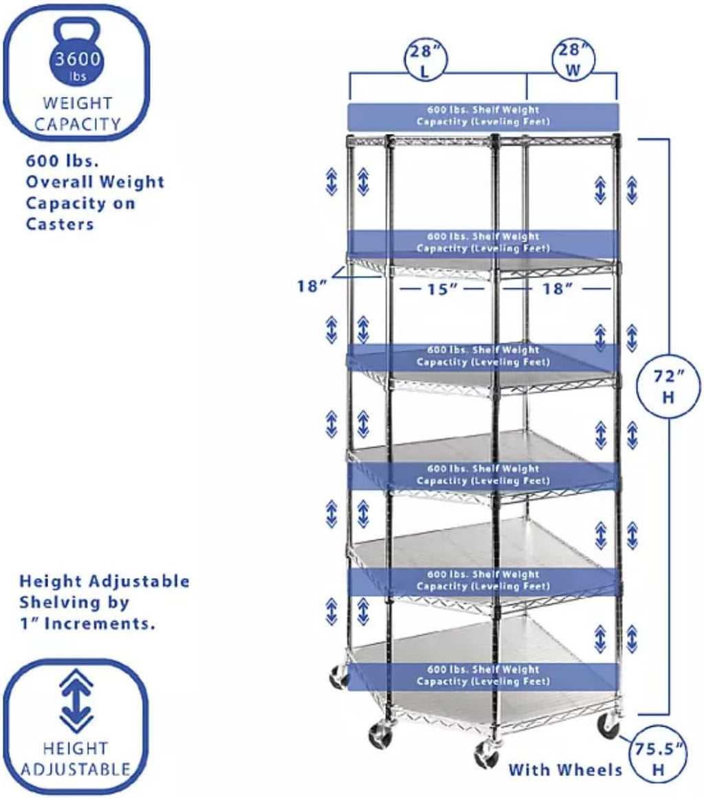 Heavy-Duty 6-Tier Corner Storage Shelf Unit with Wheels, Chrome Wire Shelving, Mobile Metal Rack with Casters