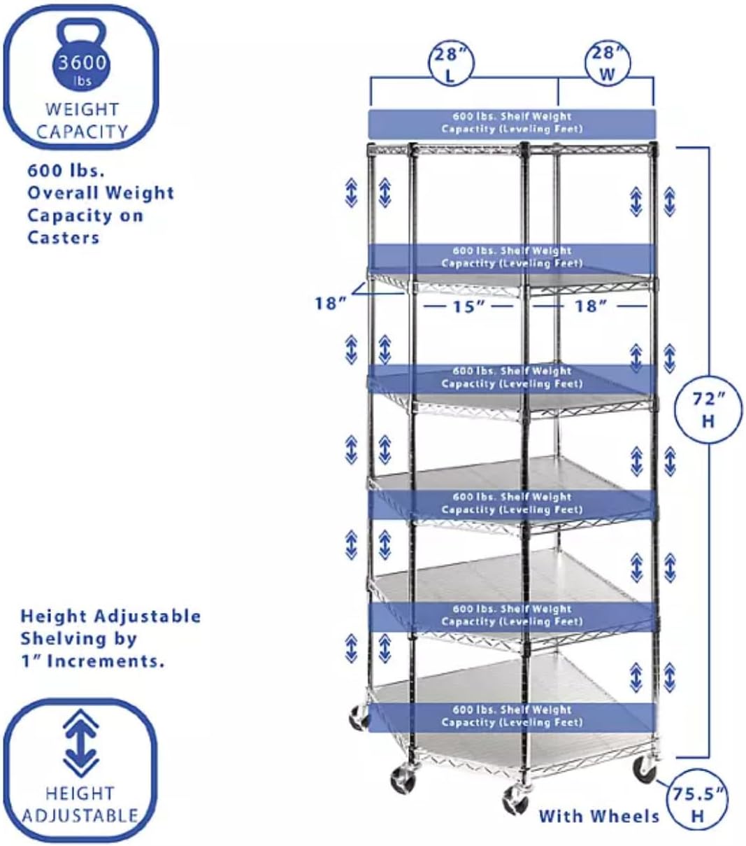 Heavy-Duty 6-Tier Corner Storage Shelf Unit with Wheels, Chrome Wire Shelving, Mobile Metal Rack with Casters
