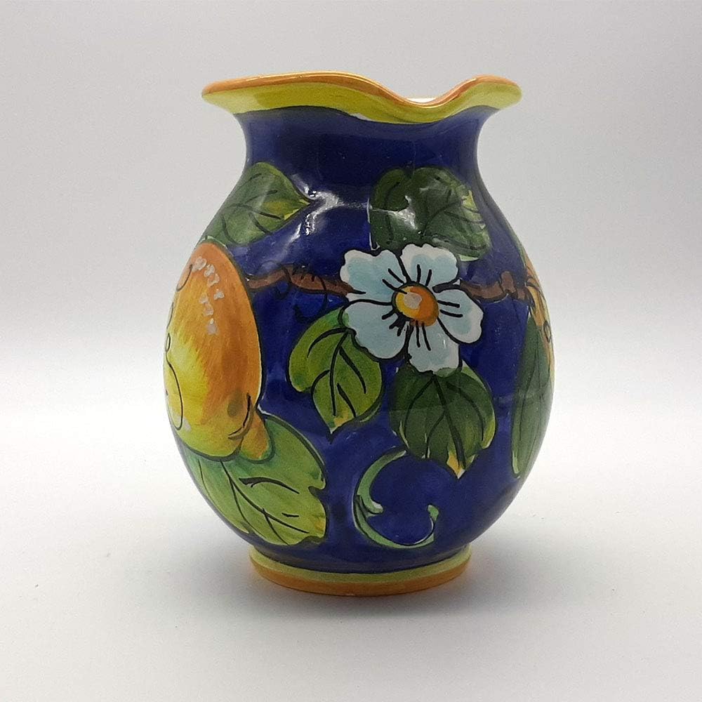 Italian Ceramic Pitcher Lemon Blue - 16 oz Hand Painted Utensil Holder Or Carafe Design for Kitchen - Made in ITALY Tuscany - Italian Pottery Vase Jar for Wine - Home Decor Ceramics Dispenser