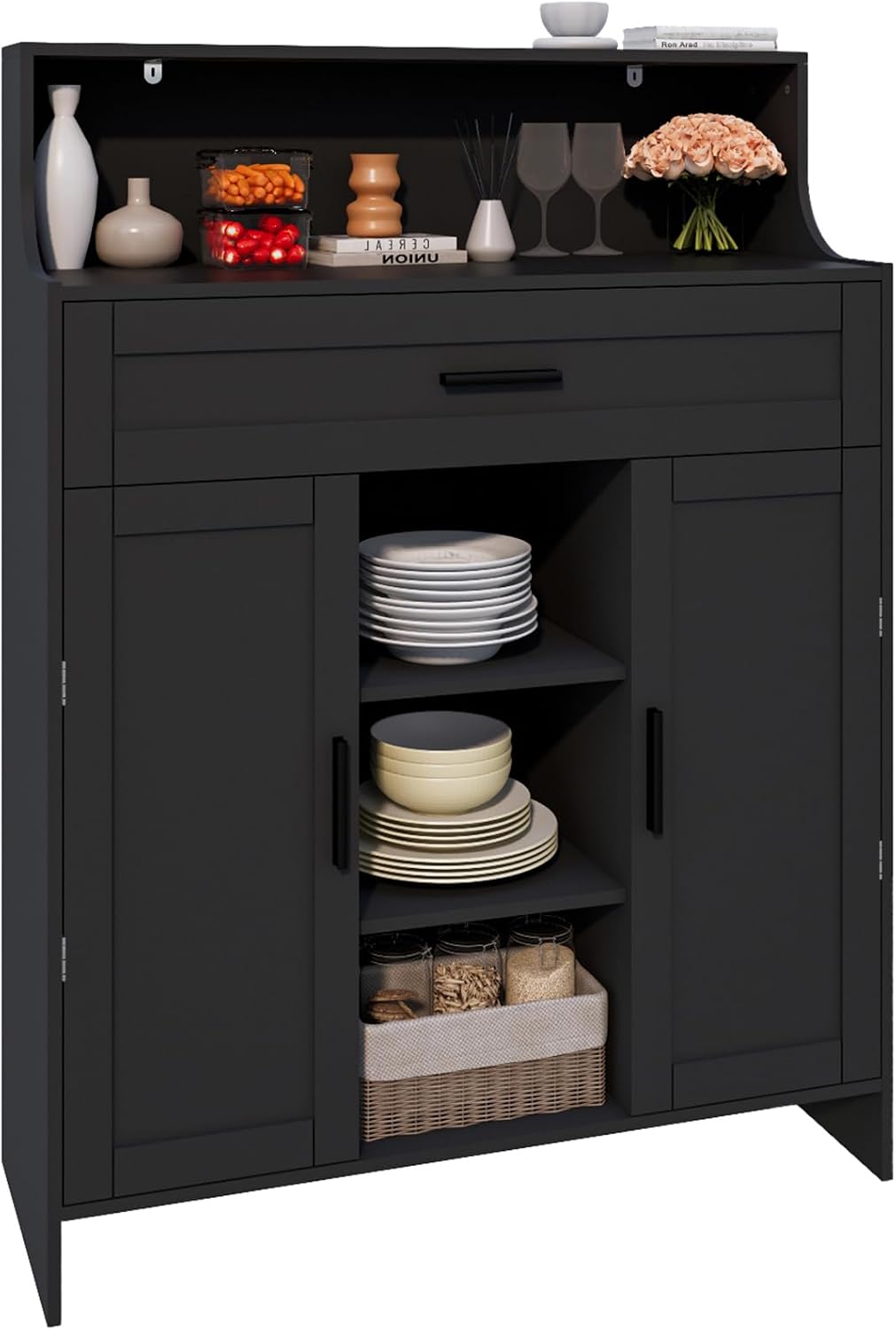 Viaozutis Storage Cabinet with Doors and Drawers, Kitchen Storage Cabinet with 1 Large Drawer,2 Doors,and 2 Adjustable Shelves,for Bathroom/Kitchen/Living Room/Entrance Hall (Black)