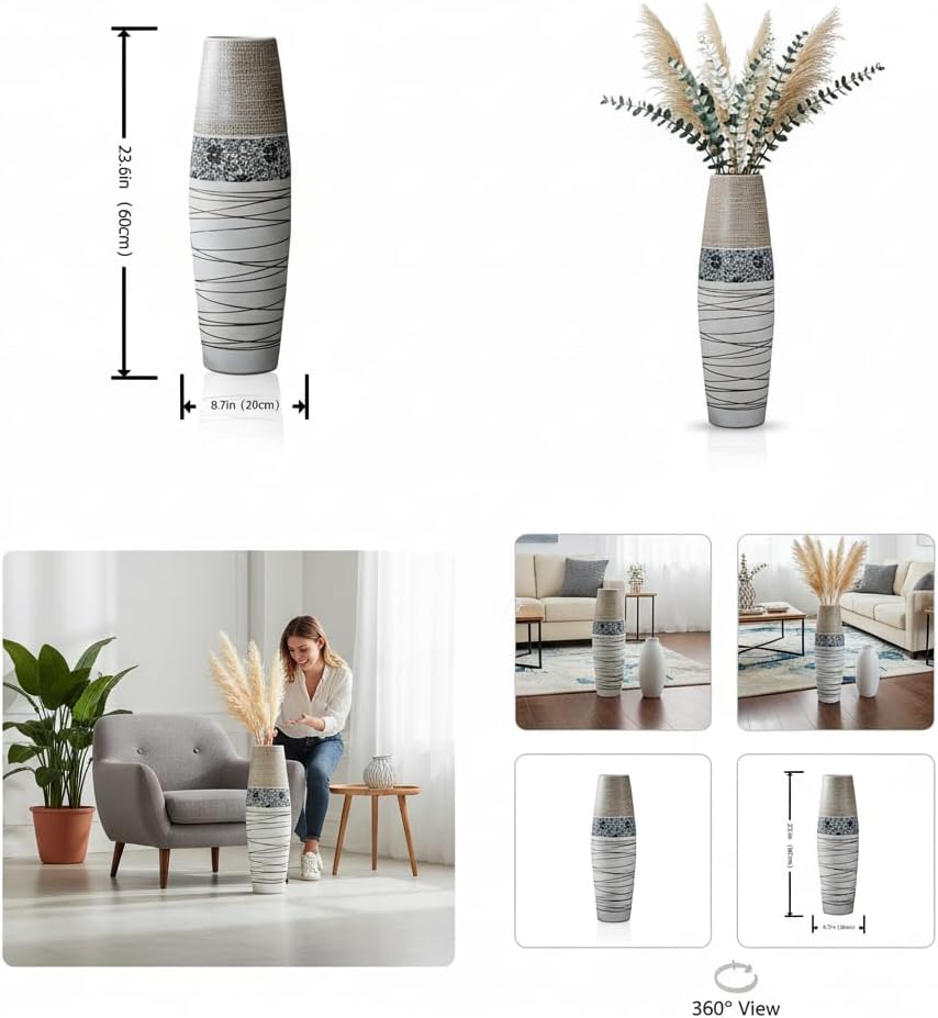 Tall Floor Vase-23.6 inches (60cm) Vintage Bohe Modern Large Rustic Ceramic Sturdy Home Decor Floor Handmade Tall Vases for Living Room Entryway Decor