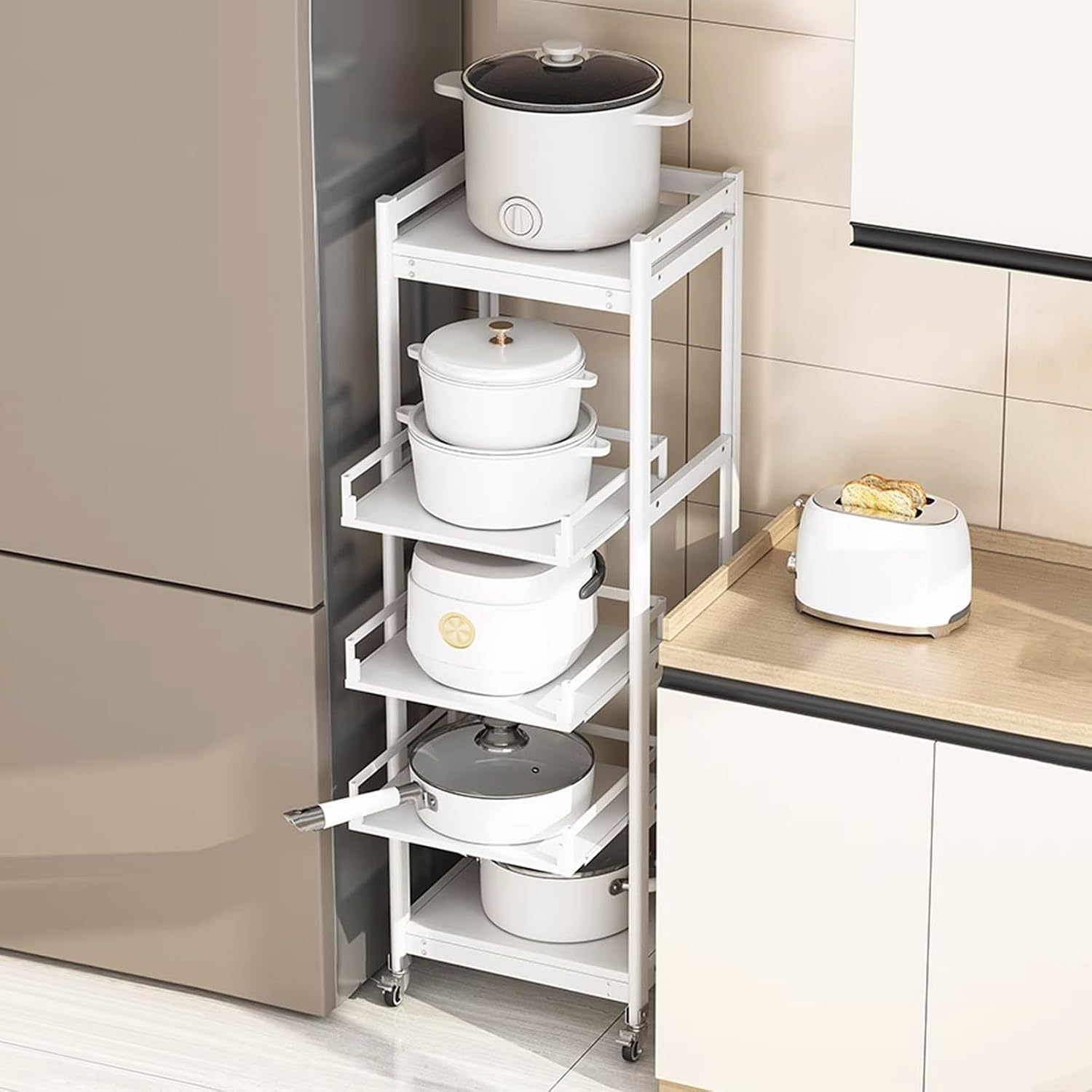 Kitchen Shelving Unit Adjustable Heigh, 5-Tier Food Corner Bakers Rack with Wheels, for Restaurant Laundry Bathroom Garage Warehouse