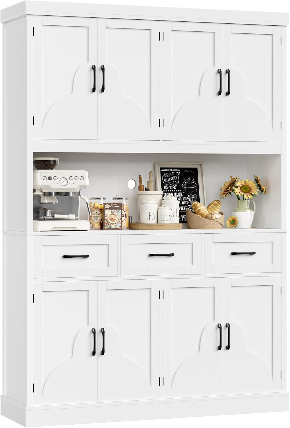 HITHOS 76' Tall Kitchen Pantry Storage Cabinet, 55' Wide Kitchen Hutch Cabinet with Storage Drawers, Large Food Pantry with Microwave Stand, Modern Cupboard with Hutch for Dining Living Room, White