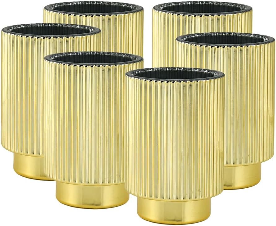 Serene Spaces Living Gold Ribbed Pedestal Glass Votive Holder, Table Centerpiece, Home, Office, Wedding, Birthday, Holiday & Special Events Decor, 3.5' Diameter & 5' Tall, Pack of 24