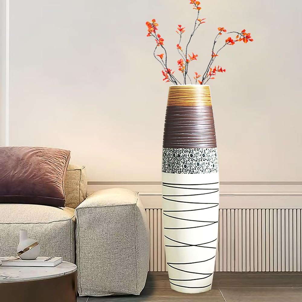 Tall Floor Vase 32 inches, Handmade Large Ceramic Rustic Vases for Home Decor Living Room, Boho Textured Decorative Vases Wide Mouth Opening Corner Vase for Pampas Grass