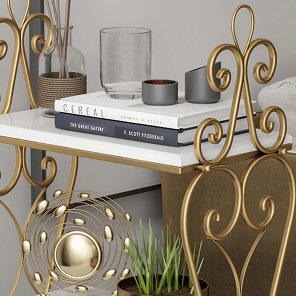 3-Tier Plant Shelf for Indoor,Rustic Wood Bookcase Shelf with Metal Frame,Rustic Storage Rack with Open Shelves for Living Room Bedroom and Balcony (Gold Frame+ White Shelf)
