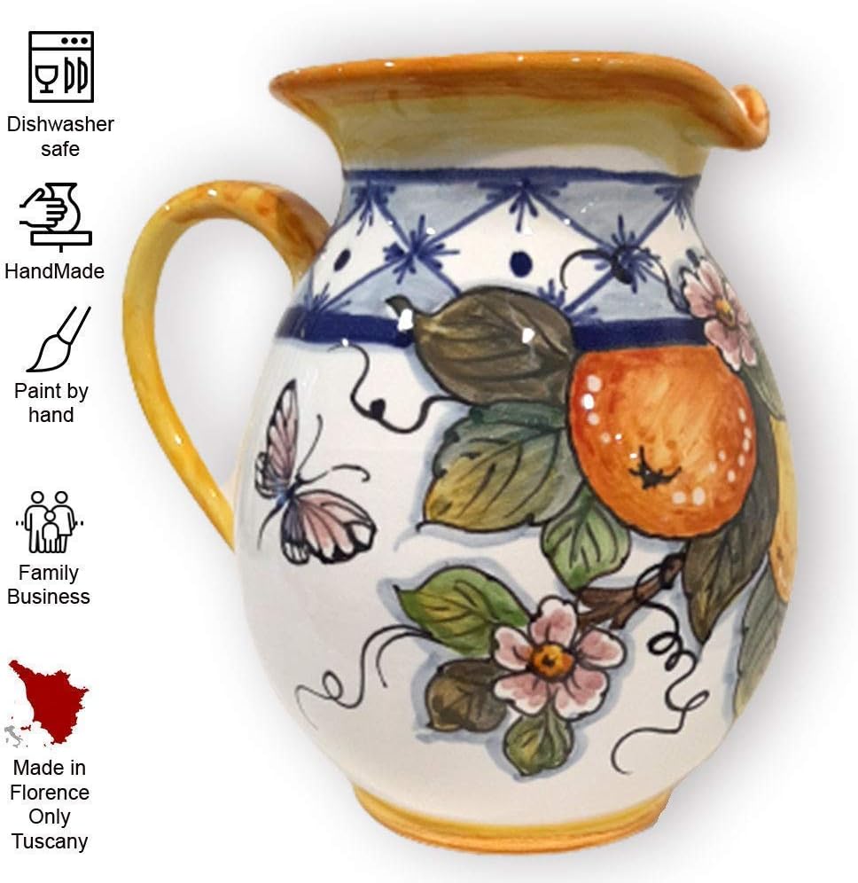 Italian Ceramic Pitcher Lemon - 33 oz Hand Painted Utensil Holder Or Carafe Design for Kitchen - Made in ITALY Tuscany - Italian Pottery Vase Jar for Wine - Home Decor Ceramics Dispenser