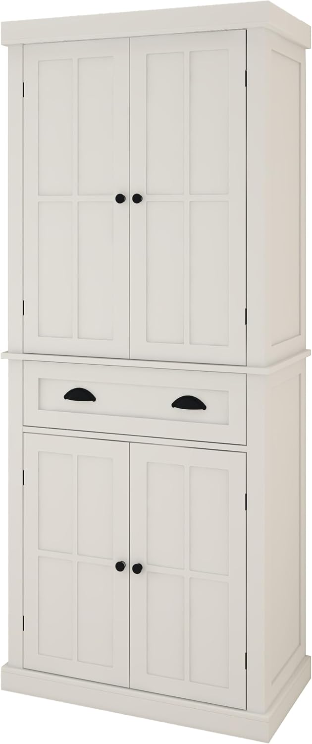 72' Adjustable-Shelf Freestanding Storage Cabinet, Kitchen Storage Bakers Rack with Drawer, Utility Food Cupboard with Anti-tip for Kitchen Dining Laundry Room, White