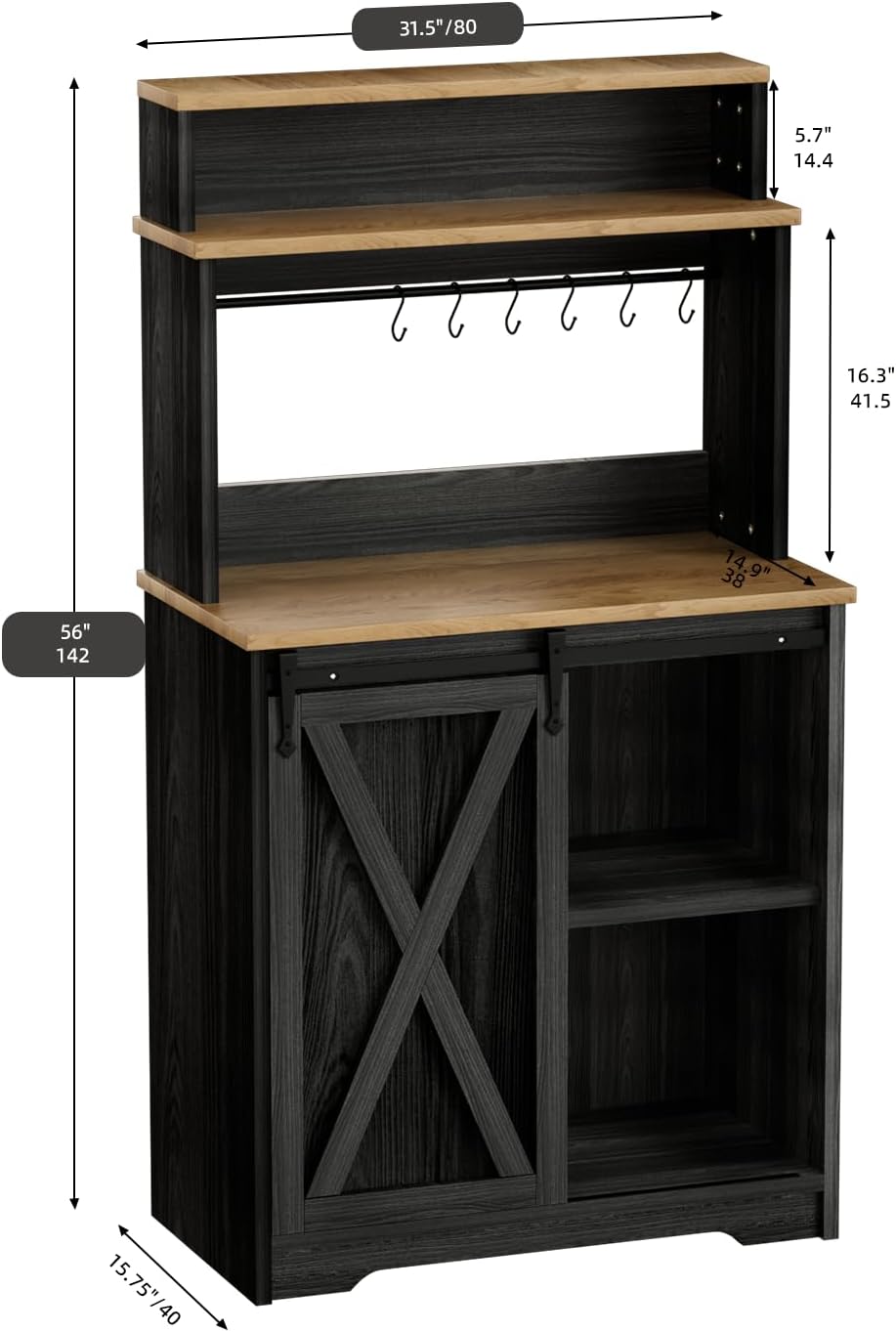 BestHaped Farmhouse Coffee Bar with 3 Tier Storage Hutch, 56 Inch Small Bar Station with 6 Hooks, Corner Table with Adjustable Shelves for Living Dining Room Black
