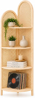 70' Tall Corner Bookshelf, 4-Tier Rattan Corner Shelf Stand for Small Spaces - Solid Wood Frame Display Organizer Rack, 90° Flush Wall Fit, Natural
