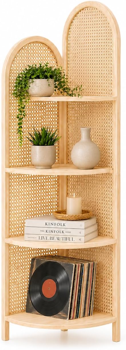 70' Tall Corner Bookshelf, 4-Tier Rattan Corner Shelf Stand for Small Spaces - Solid Wood Frame Display Organizer Rack, 90° Flush Wall Fit, Natural
