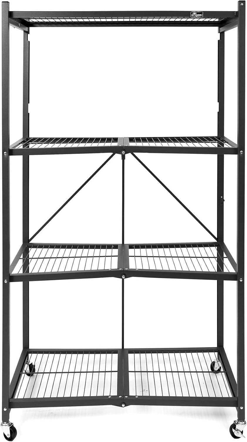 Origami 3 Pack 4 Tier Foldable Metal Garage Storage Shelf Rack, Wheels & Powder Coated Steel, Black