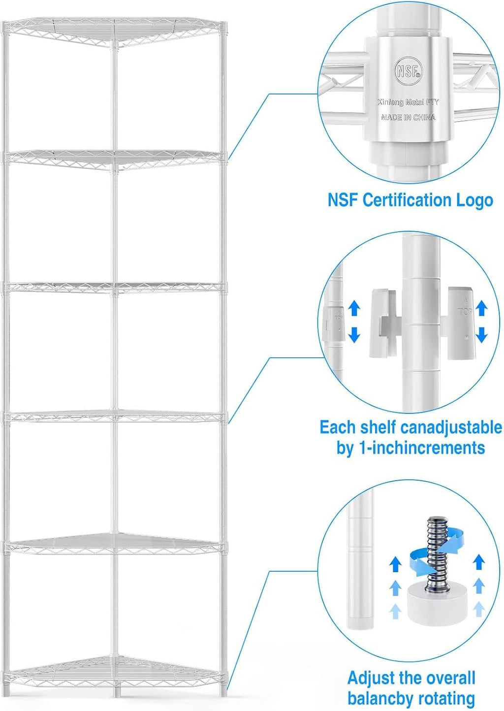 6 Tier NSF Storage Rack, 600lbs Capacity Metal Pentagonal Corner Wire Shelving Units with Adjustable Feet for Balcony, Kitchen, Bathroom 72' H x 20' L x 20' W White