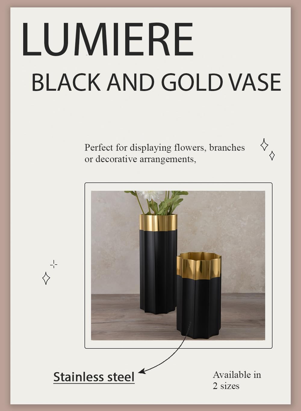 Serene Spaces Living Lumiere Black & Gold Vase, Stainless Steel Vase, Perfect for Floral Arrangements, Home Décor, Wedding & Event Table Centerpiece, 4.5' Diameter & 8' Tall, Pack of 6