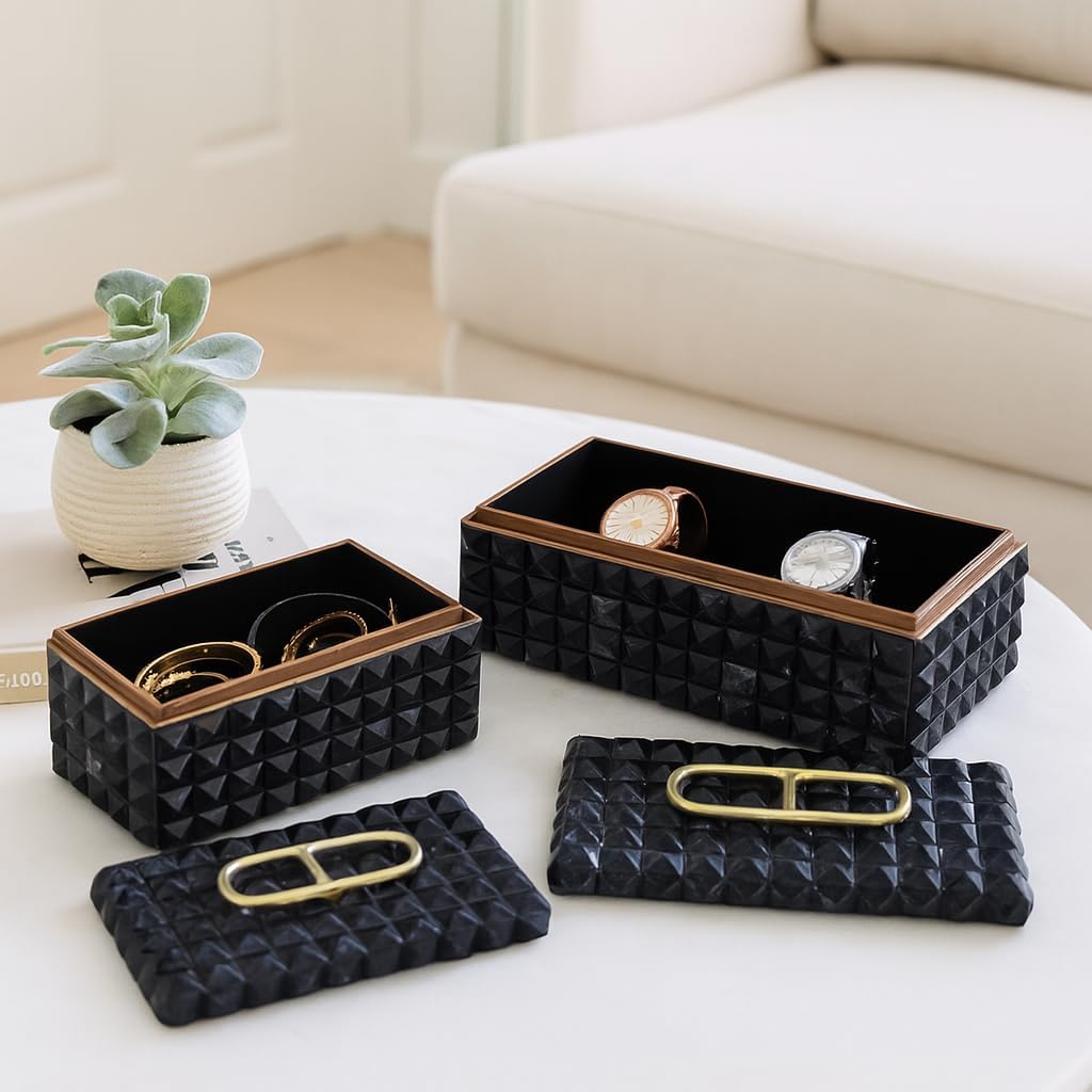 Decorative Jewelry Boxes for Home Decor – Elegant Keepsake and Storage Boxes with Lid – Studded Pattern Home Organizer for Living Room Decor, Bedroom, Office, or Shelf Set of 2 – 6' Gray & Gold