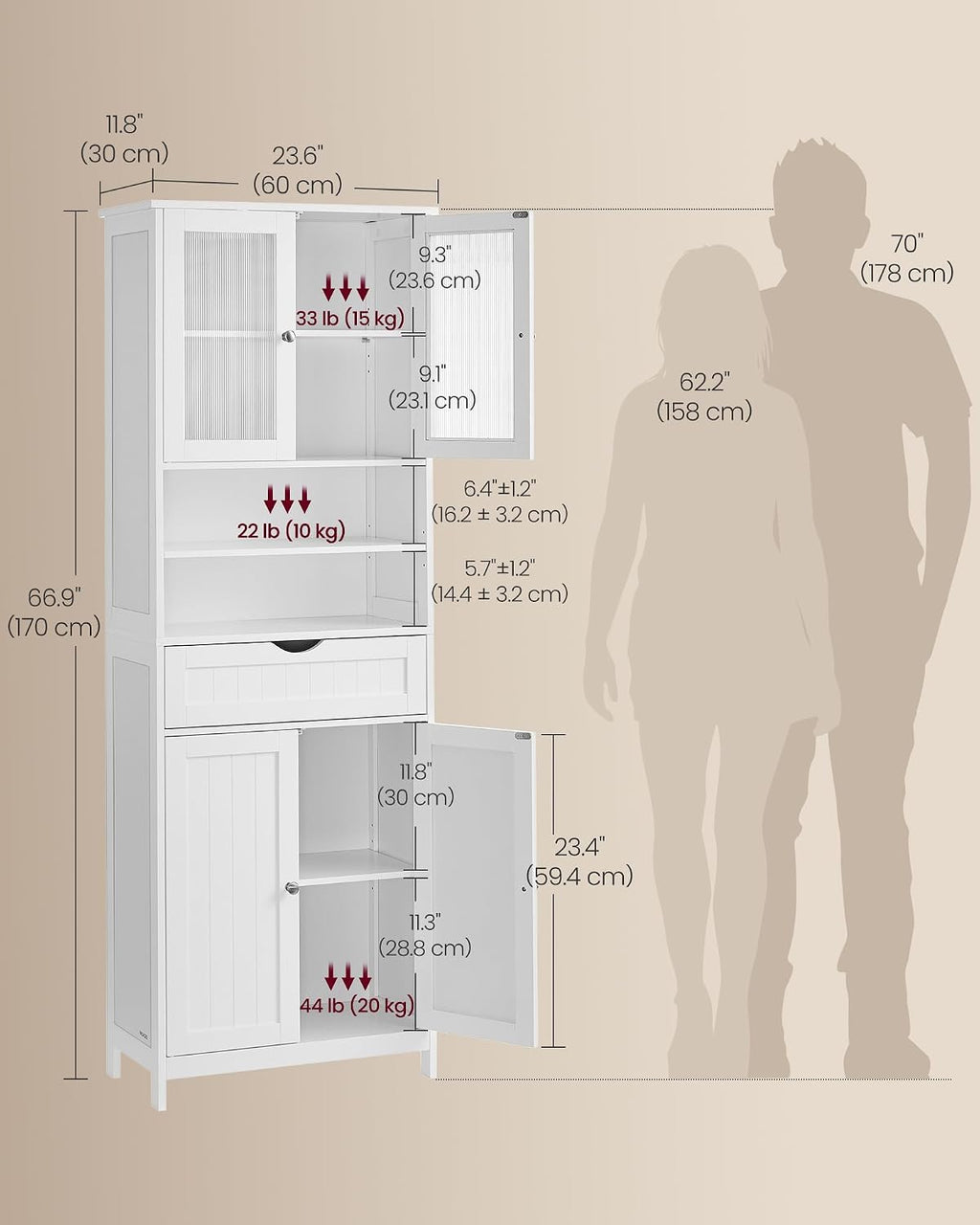 VASAGLE Storage Cabinet, Freestanding Storage Unit with Adjustable Shelves, Drawer, Open Compartments, for Bathroom, Living Room, Kitchen, Cloud White UBBC768WH01S