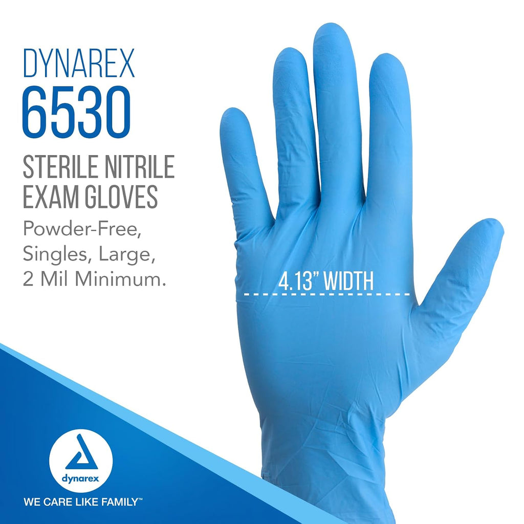 Dynarex Sterile Disposable Nitrile Exam Gloves, Powder-Free, Sterilely Packaged in Pairs, Textured Palms, Blue, Large, 1 Case - 8 Boxes of 50 Pairs