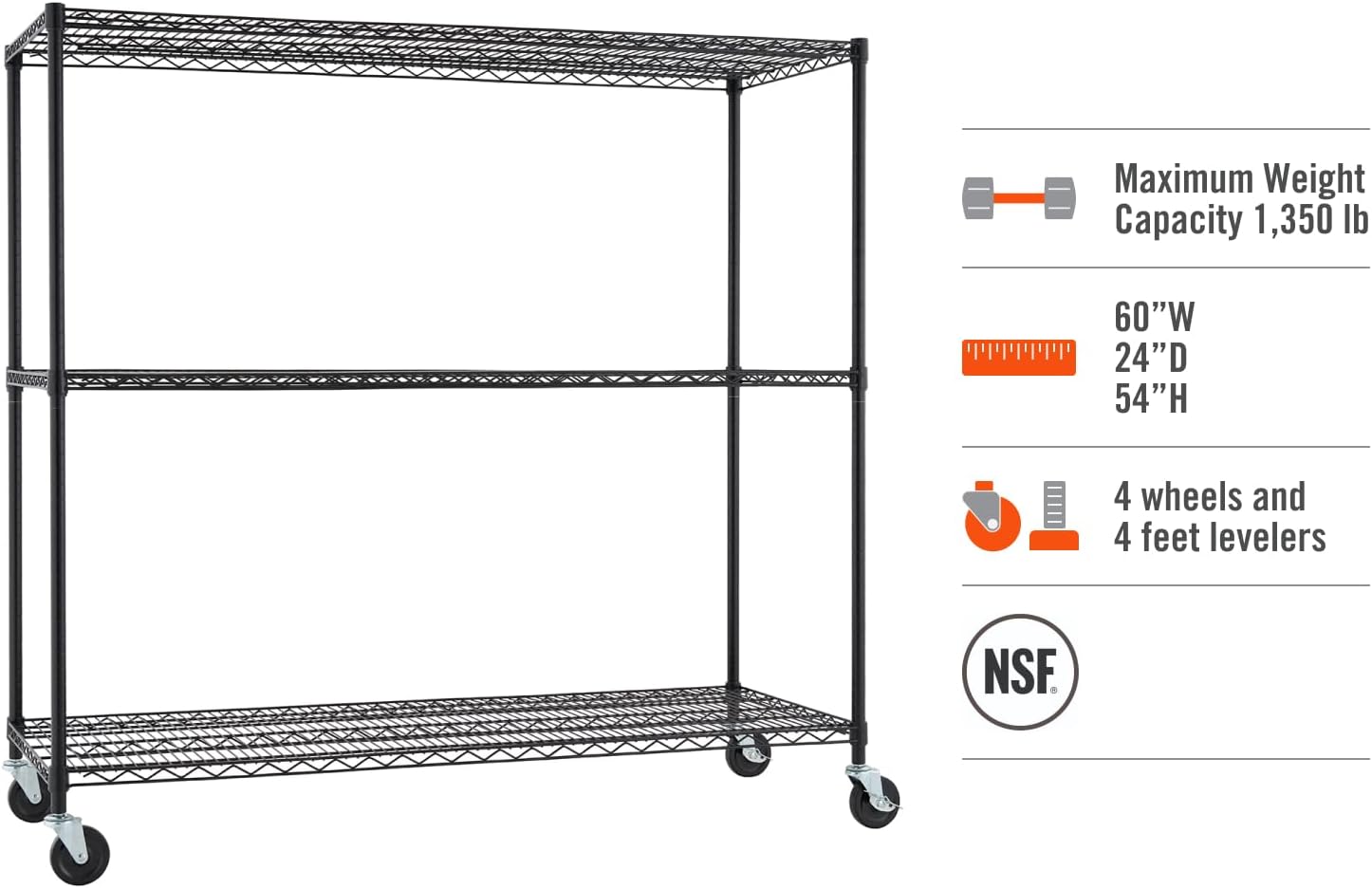 Trinity Basics 3-Tier Adjustable Wire Shelving with Wheels for Kitchen Organization, Garage Storage, Laundry Room, NSF Certified, 600 to 1350 Pound Capacity, 60' by 24' by 54', Black