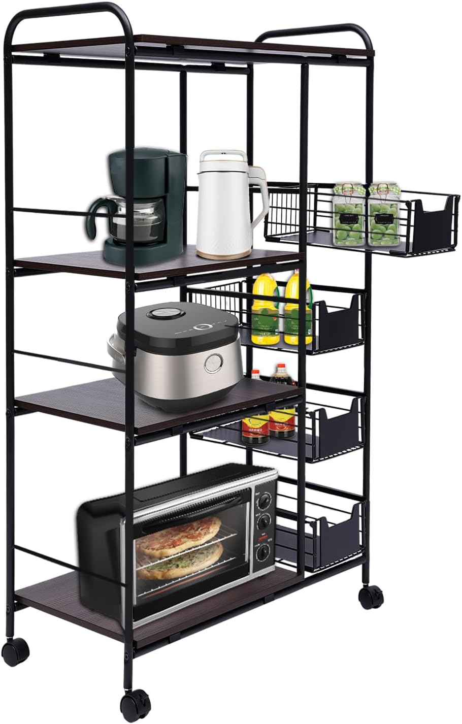 OUKANING 4-Tier Kitchen Baker's Rack Rolling Cart Trolley with Wheels and Baskets Utility Microwave Oven Stand for Kitchenware Tableware Spices Food Fruits and Vegetables (27.9x13.7x45.2in)