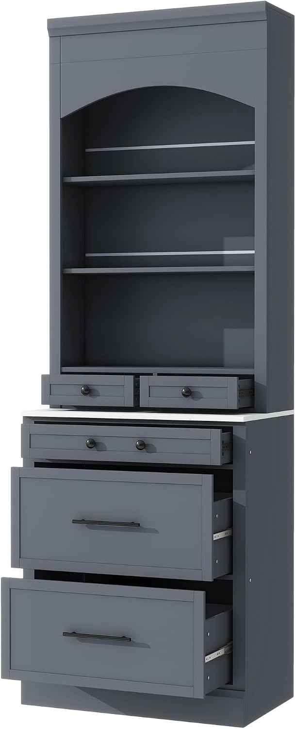 84' Freestanding Storage Cabinet with 5 Drawers, Kitchen Storage Bakers Rack with Faux Marble Top, Utility Food Cupboard with Adjustable Shelf for Kitchen Dining Room, Gray