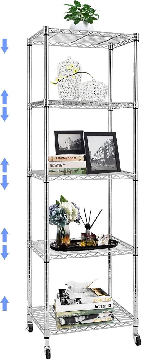 5 Tier Wire Shelving Unit With Wheels, Adjustable Narrow Metal Shelf, NSF Certified Storage for Laundry, Garage, Kitchen, Pantry, 18' D X 24' W X 71' H, Chrome