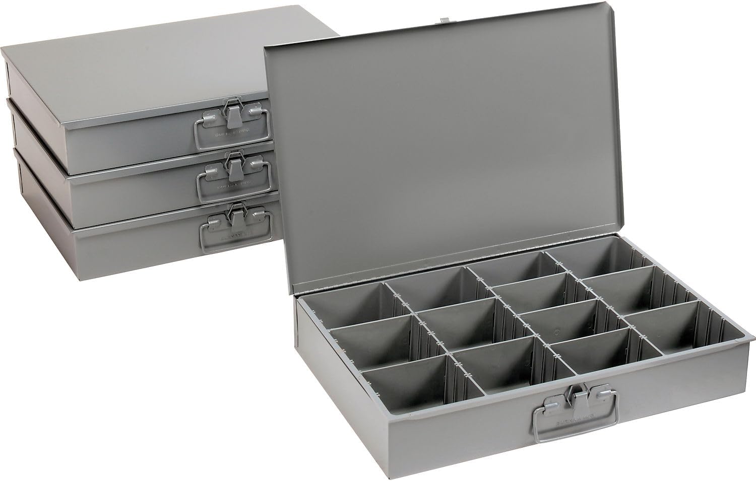 Global Industrial Durham Steel Compartment Box Rack with Four Adjustable Divider Compartment Boxes, 18' L x 12' W x 3' H Boxes, 20' L x 15-3/4'W x 15' H Overall
