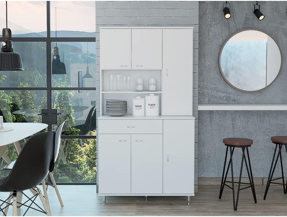 66' 10-Shelf & 1-Drawer Freestanding Storage Cabinet, Kitchen Storage Bakers Rack with 6 Covered Doors, Utility Food Cupboard for Home Kitchen Areas, White